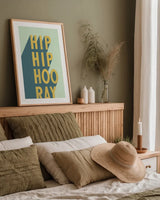 Hip Hip Hooray by Becky Thorns. shown as a paper print in a natural frame. Available as a archival giclee rolled canvas, fine art paper, or poster print. SKU 56780h.