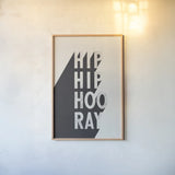 Hip Hip Hooray BW by Becky Thorns. shown as a paper print in a natural frame. Available as a archival giclee rolled canvas, fine art paper, or poster print. SKU 59632h.