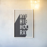 Hip Hip Hooray BW by Becky Thorns. shown as a paper print in a white frame. Available as a archival giclee rolled canvas, fine art paper, or poster print. SKU 59632h.