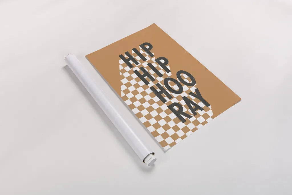Hip Hip Hooray Checkered by Becky Thorns. shown as a rolled paper print. Available as archival giclee rolled canvas, fine art paper, or poster print. SKU 87463h.