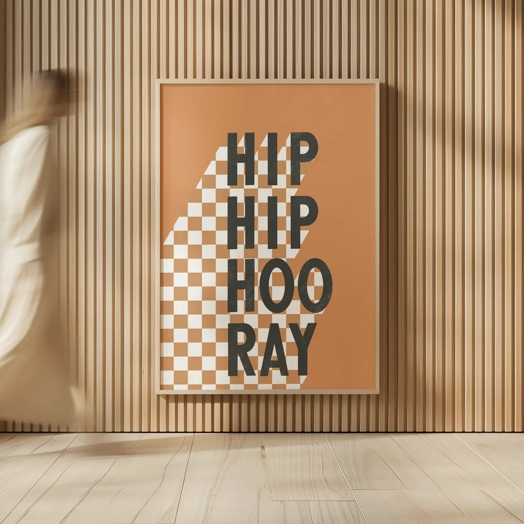 Hip Hip Hooray Checkered by Becky Thorns. shown as over sized large wall art. Available as an archival giclee rolled canvas, fine art paper, or poster print. SKU 87463h.
