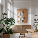 Hip Hip Hooray Checkered by Becky Thorns. shown as a print in a natural wood frame in a dining room. Available as a archival giclee rolled canvas, fine art paper, or poster print. SKU 87463h.