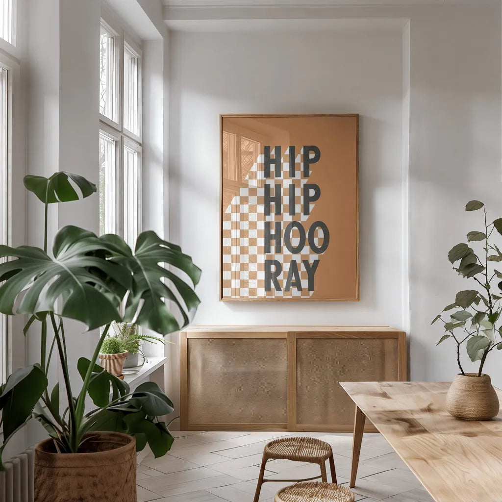 Hip Hip Hooray Checkered by Becky Thorns. shown as a print in a natural wood frame in a dining room. Available as a archival giclee rolled canvas, fine art paper, or poster print. SKU 87463h.