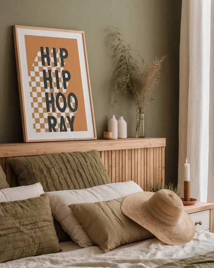 Hip Hip Hooray Checkered by Becky Thorns. shown as a paper print in a natural frame. Available as a archival giclee rolled canvas, fine art paper, or poster print. SKU 87463h.