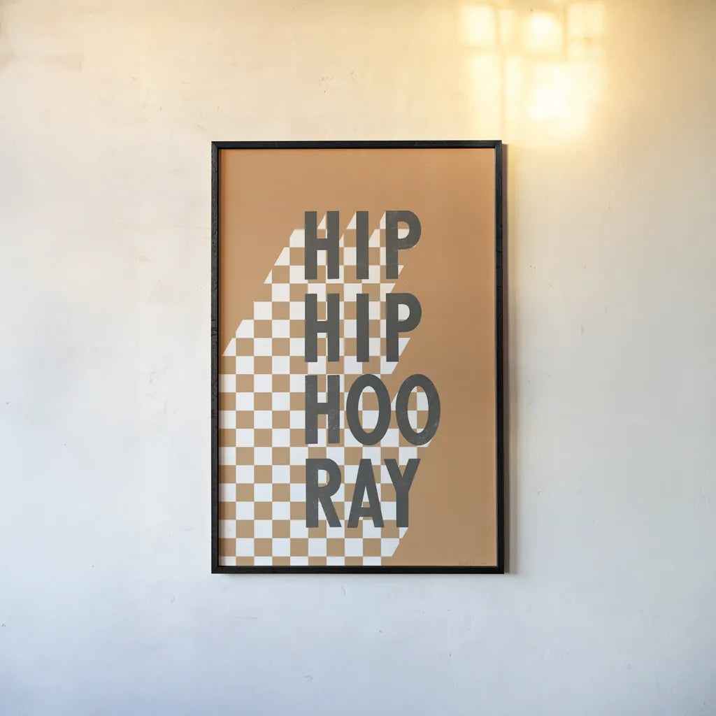 Hip Hip Hooray Checkered by Becky Thorns. shown as a paper print in a black flame. Available as a archival giclee rolled canvas, fine art paper, or poster print. SKU 87463h.