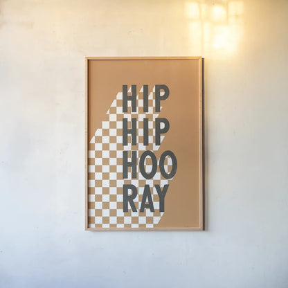 Hip Hip Hooray Checkered by Becky Thorns. shown as a paper print in a natural frame. Available as a archival giclee rolled canvas, fine art paper, or poster print. SKU 87463h.