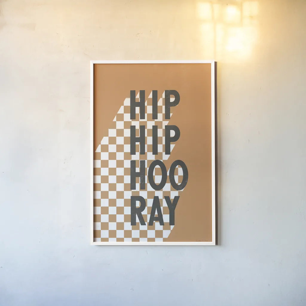 Hip Hip Hooray Checkered by Becky Thorns. shown as a paper print in a white frame. Available as a archival giclee rolled canvas, fine art paper, or poster print. SKU 87463h.