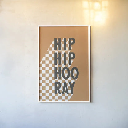 Hip Hip Hooray Checkered by Becky Thorns. shown as a paper print in a white frame. Available as a archival giclee rolled canvas, fine art paper, or poster print. SKU 87463h.