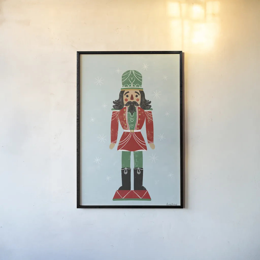 Holiday Cheer Nutcrackers I by Becky Thorns. shown as a paper print in a black flame. Available as a archival giclee rolled canvas, fine art paper, or poster print. SKU 83912h.