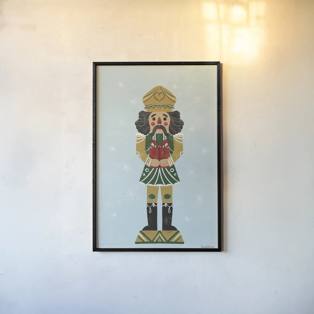 Holiday Cheer Nutcrackers II by Becky Thorns. shown as a paper print in a black flame. Available as a archival giclee rolled canvas, fine art paper, or poster print. SKU 83913h.