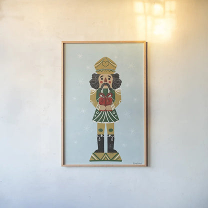 Holiday Cheer Nutcrackers II by Becky Thorns. shown as a paper print in a natural frame. Available as a archival giclee rolled canvas, fine art paper, or poster print. SKU 83913h.