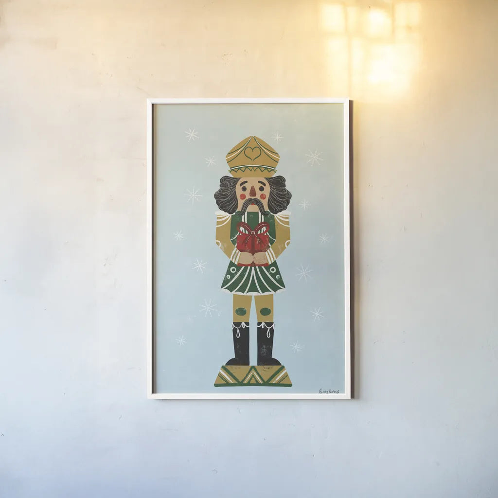 Holiday Cheer Nutcrackers II by Becky Thorns. shown as a paper print in a white frame. Available as a archival giclee rolled canvas, fine art paper, or poster print. SKU 83913h.