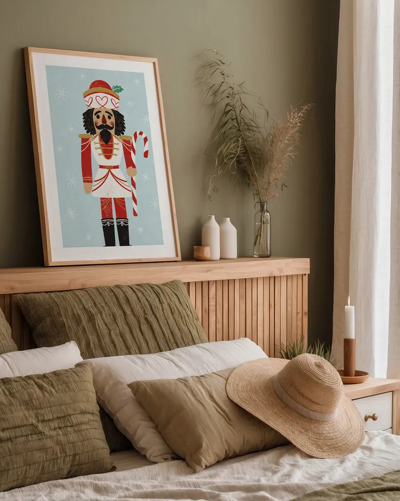 Holiday Cheer Nutcrackers III by Becky Thorns. shown as a paper print in a natural frame. Available as a archival giclee rolled canvas, fine art paper, or poster print. SKU 83914h.