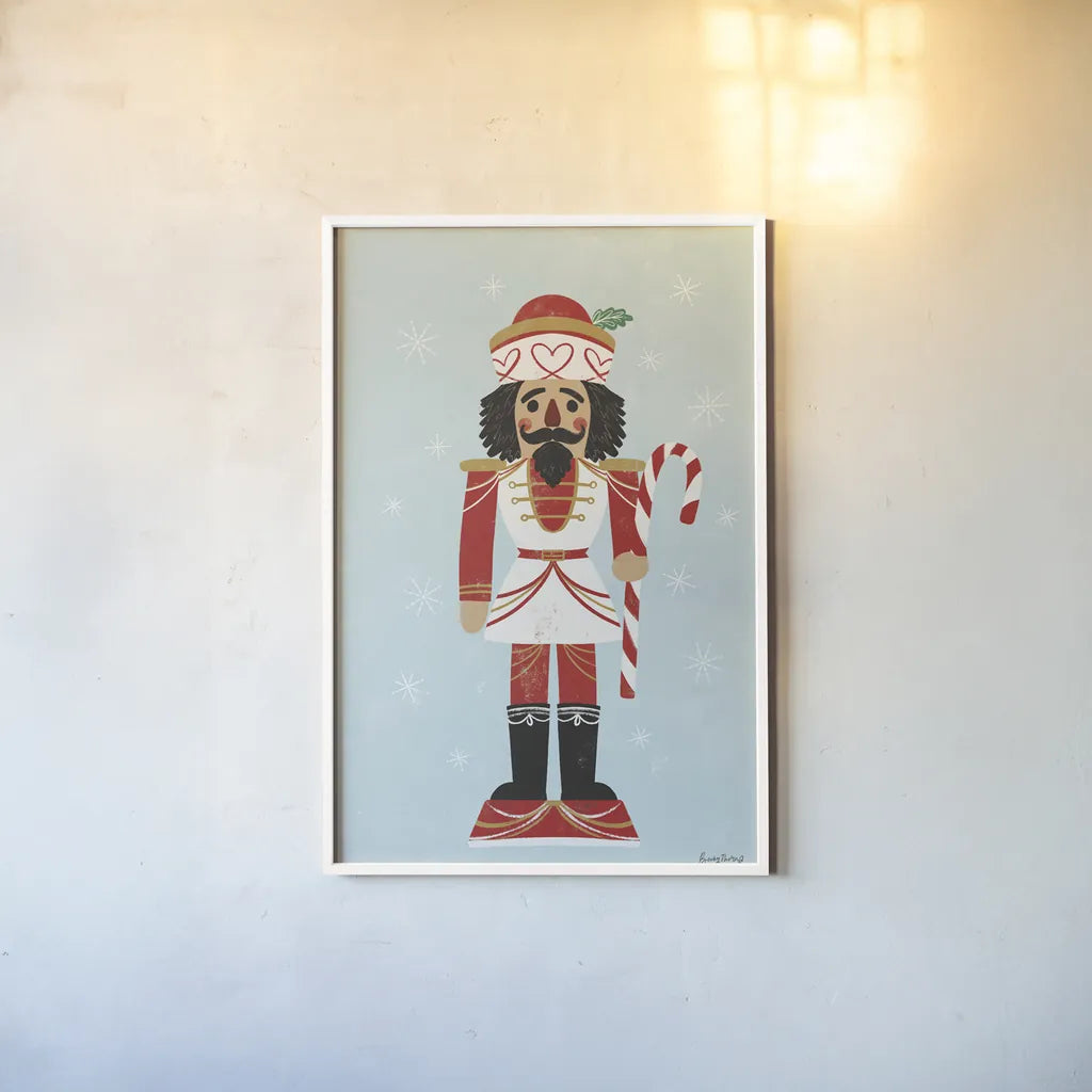 Holiday Cheer Nutcrackers III by Becky Thorns. shown as a paper print in a white frame. Available as a archival giclee rolled canvas, fine art paper, or poster print. SKU 83914h.