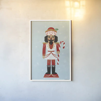 Holiday Cheer Nutcrackers III by Becky Thorns. shown as a paper print in a white frame. Available as a archival giclee rolled canvas, fine art paper, or poster print. SKU 83914h.