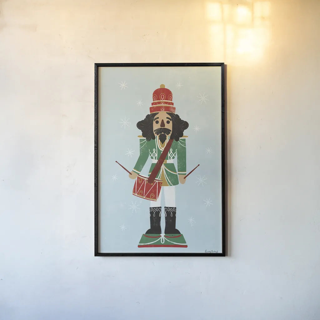 Holiday Cheer Nutcrackers IV by Becky Thorns. shown as a paper print in a black flame. Available as a archival giclee rolled canvas, fine art paper, or poster print. SKU 83915h.