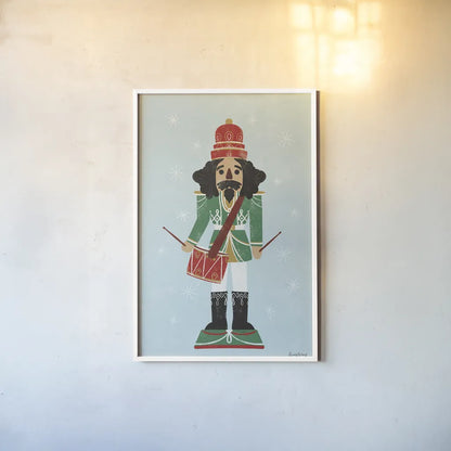 Holiday Cheer Nutcrackers IV by Becky Thorns. shown as a paper print in a white frame. Available as a archival giclee rolled canvas, fine art paper, or poster print. SKU 83915h.