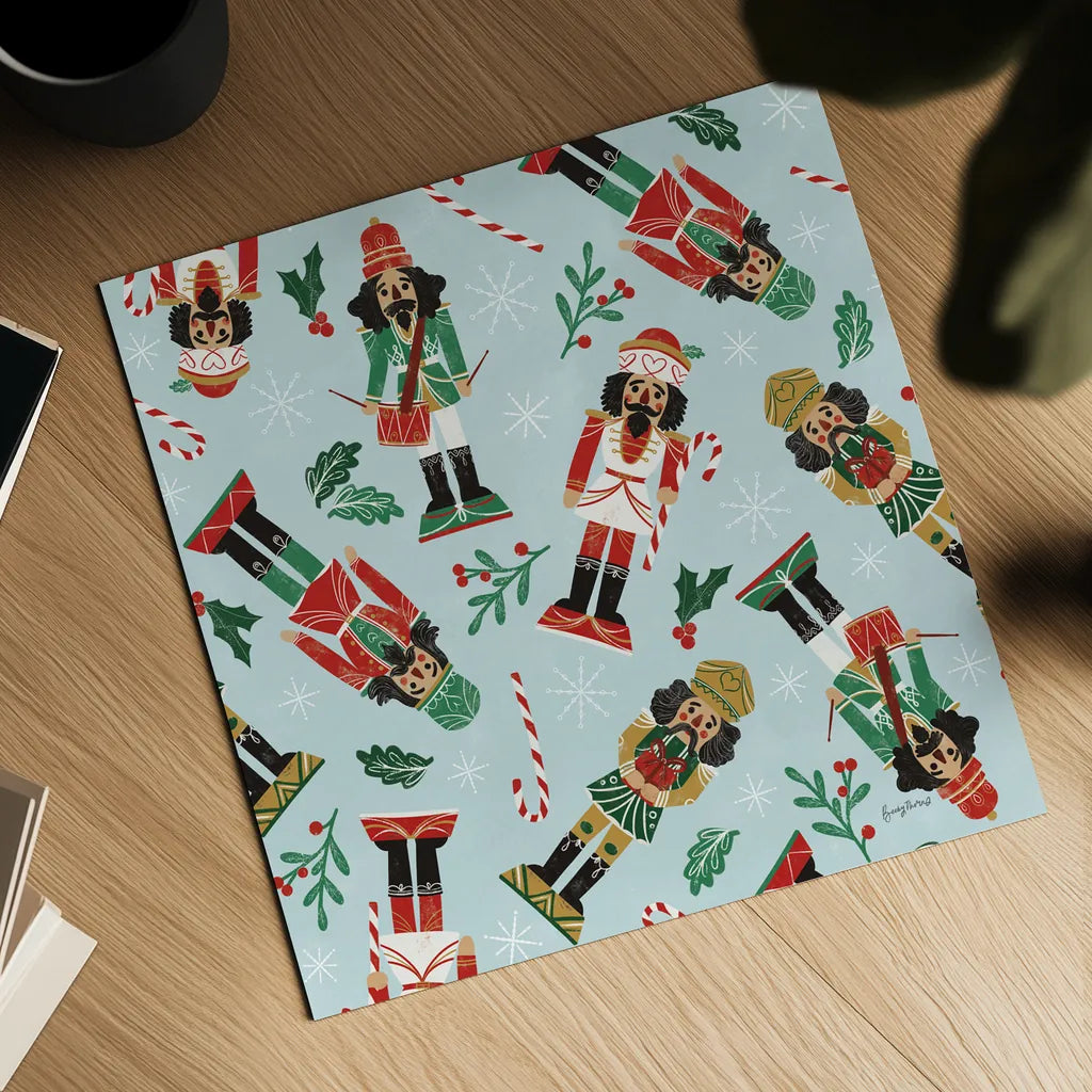 Holiday Cheer Nutcrackers Pattern by Becky Thorns. Shown as a detailed flat fine art print, highlighting archival giclee quality. Available as an archival giclee rolled canvas, fine art paper, or poster print. SKU 92560a.