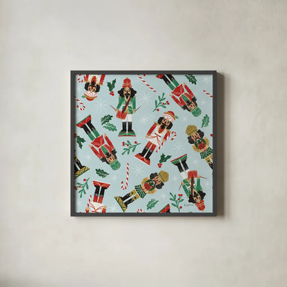 Holiday Cheer Nutcrackers Pattern by Becky Thorns. Shown in a sleek black glass frame for a contemporary gallery look. Available as an archival giclee rolled canvas, fine art paper, or poster print. SKU 92560a.
