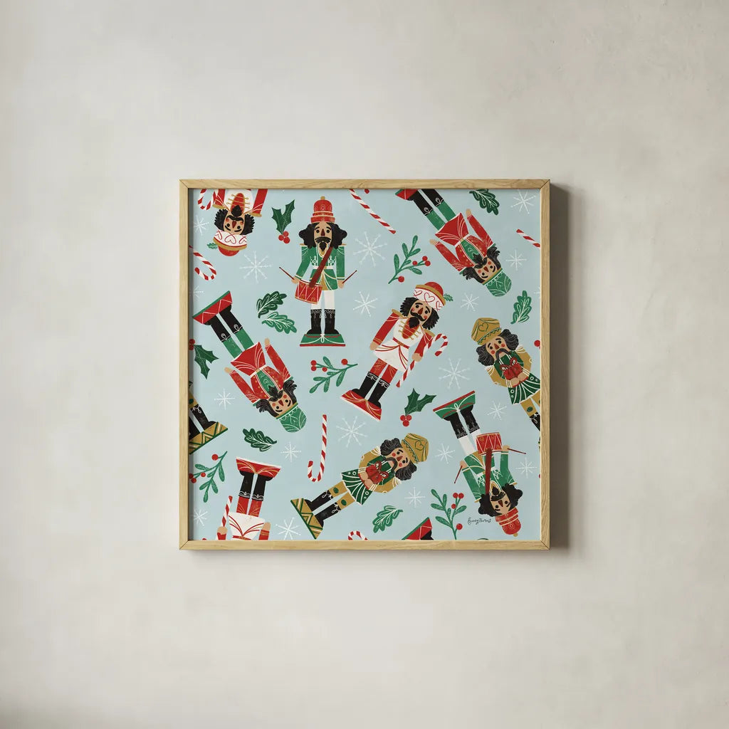 Holiday Cheer Nutcrackers Pattern by Becky Thorns. Shown in a natural wood glass frame for a timeless modern aesthetic. Available as an archival giclee rolled canvas, fine art paper, or poster print. SKU 92560a.