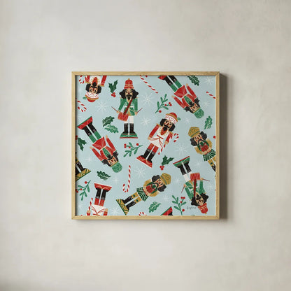 Holiday Cheer Nutcrackers Pattern by Becky Thorns. Shown in a natural wood glass frame for a timeless modern aesthetic. Available as an archival giclee rolled canvas, fine art paper, or poster print. SKU 92560a.