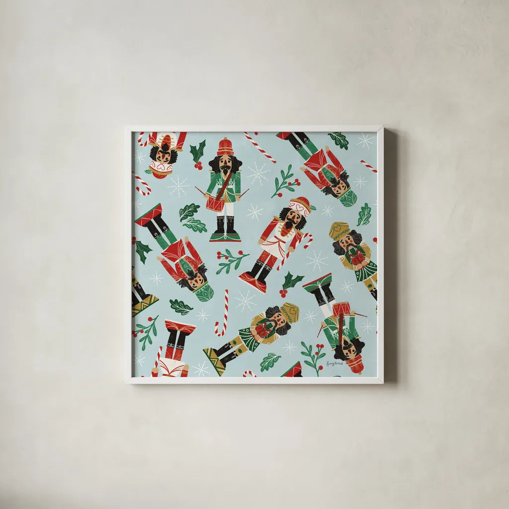 Holiday Cheer Nutcrackers Pattern by Becky Thorns. Shown in a crisp white glass frame for a clean and minimalist style. Available as an archival giclee rolled canvas, fine art paper, or poster print. SKU 92560a.