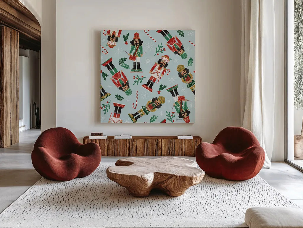 Holiday Cheer Nutcrackers Pattern by Becky Thorns. Shown as extra-large giant wall art in a modern living room. Available as an archival giclee rolled canvas, fine art paper, or poster print. SKU 92560a.