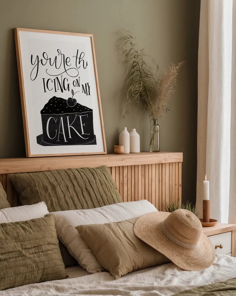 Icing On My Cake BW by Becky Thorns. shown as a paper print in a natural frame. Available as a archival giclee rolled canvas, fine art paper, or poster print. SKU 61421h.