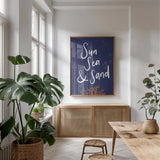 Just Beachy I by Becky Thorns. shown as a print in a natural wood frame in a dining room. Available as a archival giclee rolled canvas, fine art paper, or poster print. SKU 83388h.