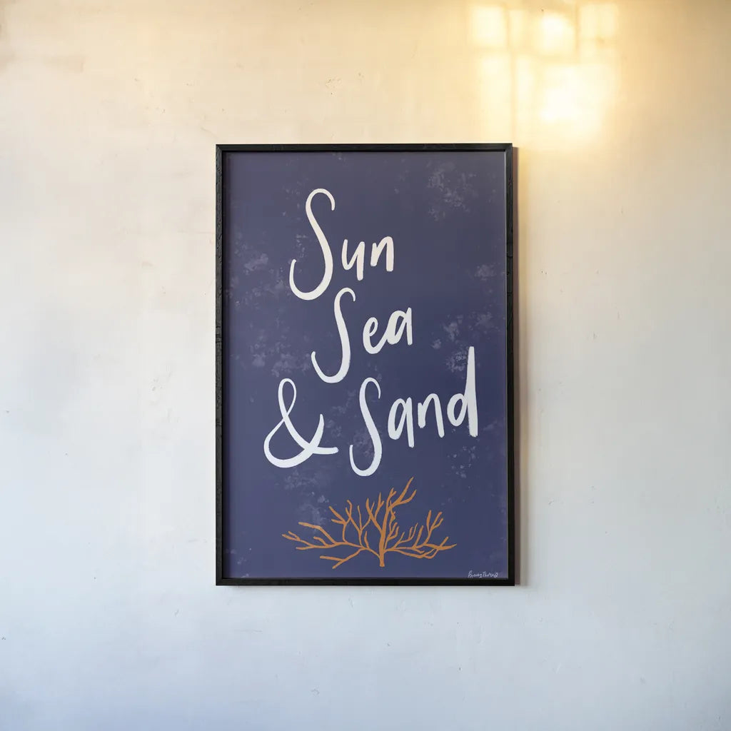 Just Beachy I by Becky Thorns. shown as a paper print in a black flame. Available as a archival giclee rolled canvas, fine art paper, or poster print. SKU 83388h.