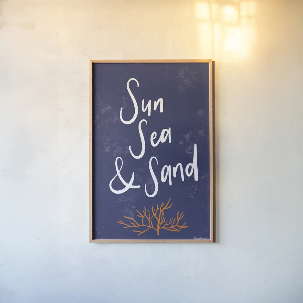 Just Beachy I by Becky Thorns. shown as a paper print in a natural frame. Available as a archival giclee rolled canvas, fine art paper, or poster print. SKU 83388h.