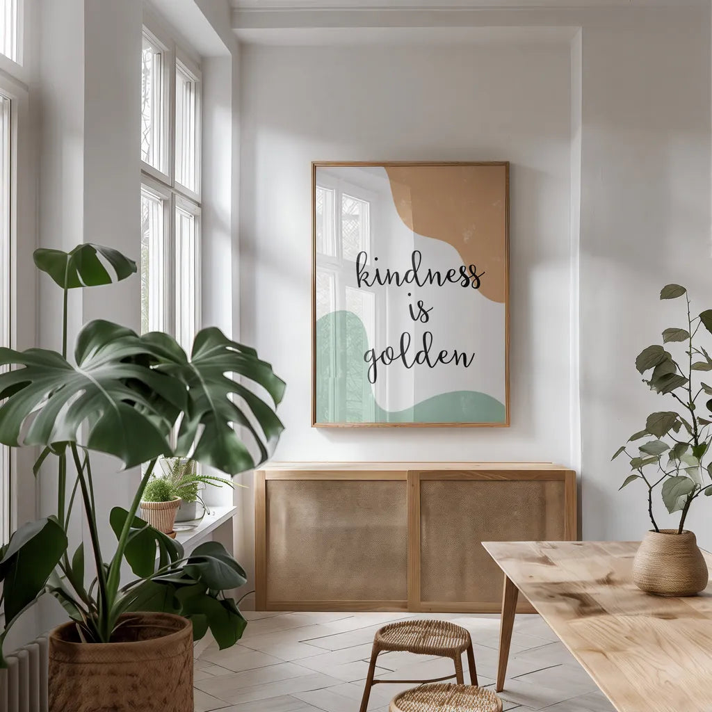 Kindness by Becky Thorns. shown as a print in a natural wood frame in a dining room. Available as a archival giclee rolled canvas, fine art paper, or poster print. SKU 68254h.