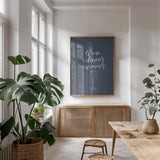 Kitchen Words III Blue by Becky Thorns. shown as a print in a natural wood frame in a dining room. Available as a archival giclee rolled canvas, fine art paper, or poster print. SKU 70548h.