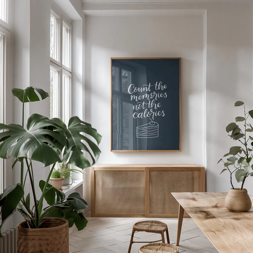 Kitchen Words IV by Becky Thorns. shown as a print in a natural wood frame in a dining room. Available as a archival giclee rolled canvas, fine art paper, or poster print. SKU 65485h.