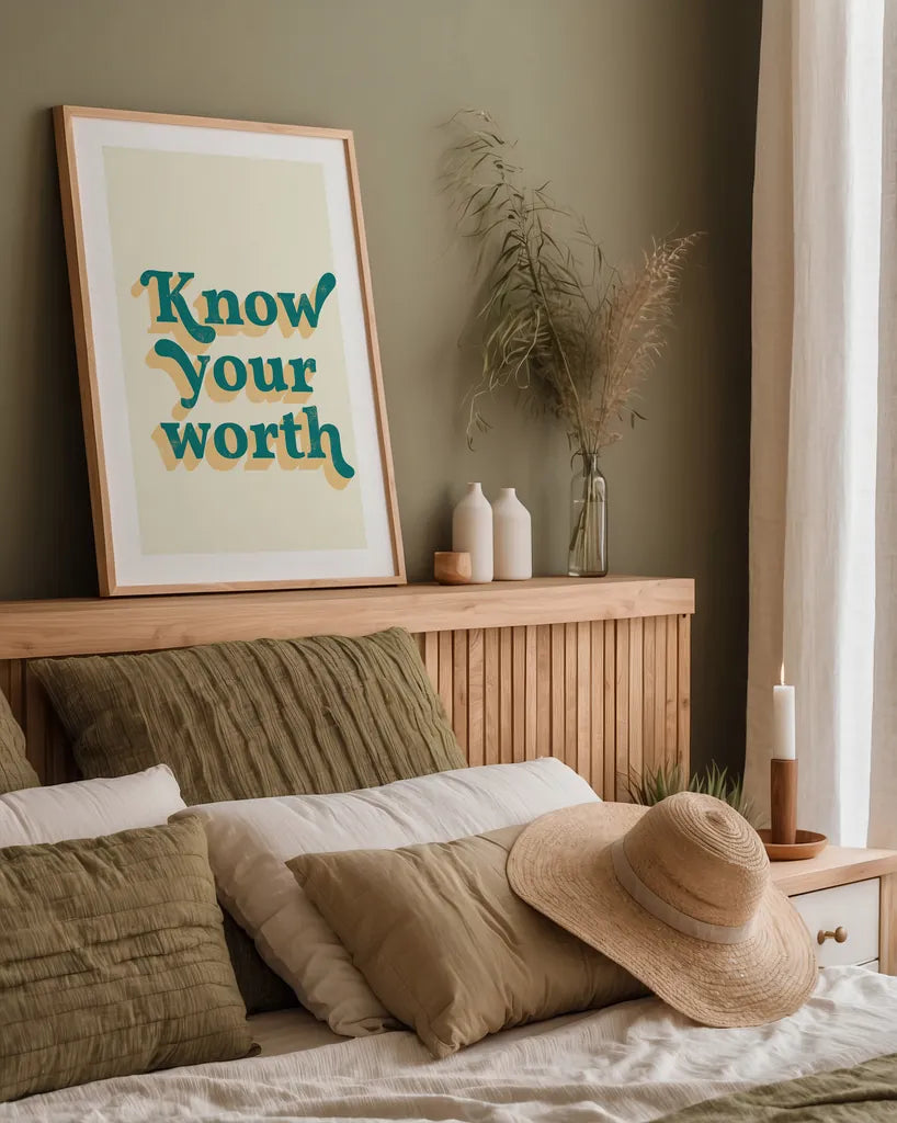 Know Your Worth by Becky Thorns. shown as a paper print in a natural frame. Available as a archival giclee rolled canvas, fine art paper, or poster print. SKU 65168h.