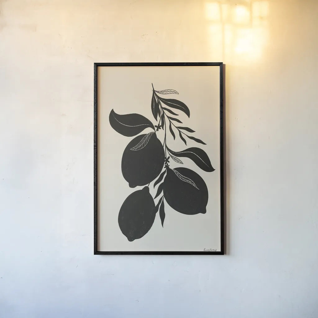 Lemon Silhouette I by Becky Thorns. shown as a paper print in a black flame. Available as a archival giclee rolled canvas, fine art paper, or poster print. SKU 76143h.