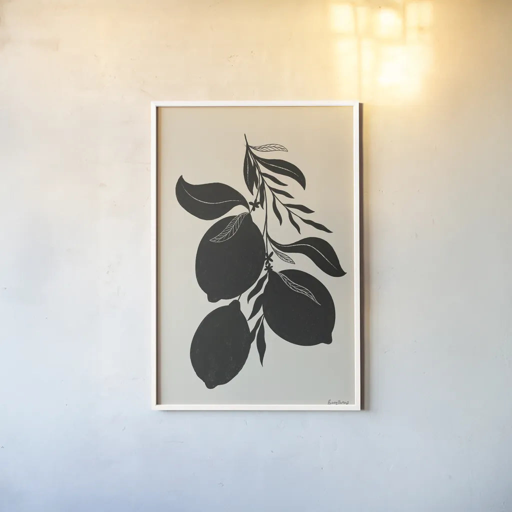 Lemon Silhouette I by Becky Thorns. shown as a paper print in a white frame. Available as a archival giclee rolled canvas, fine art paper, or poster print. SKU 76143h.