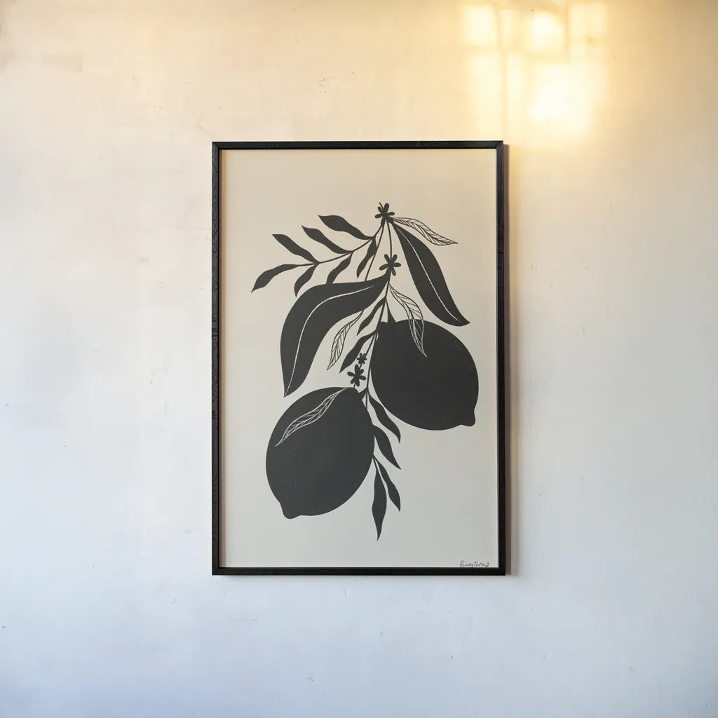 Lemon Silhouette II by Becky Thorns. shown as a paper print in a black flame. Available as a archival giclee rolled canvas, fine art paper, or poster print. SKU 76144h.