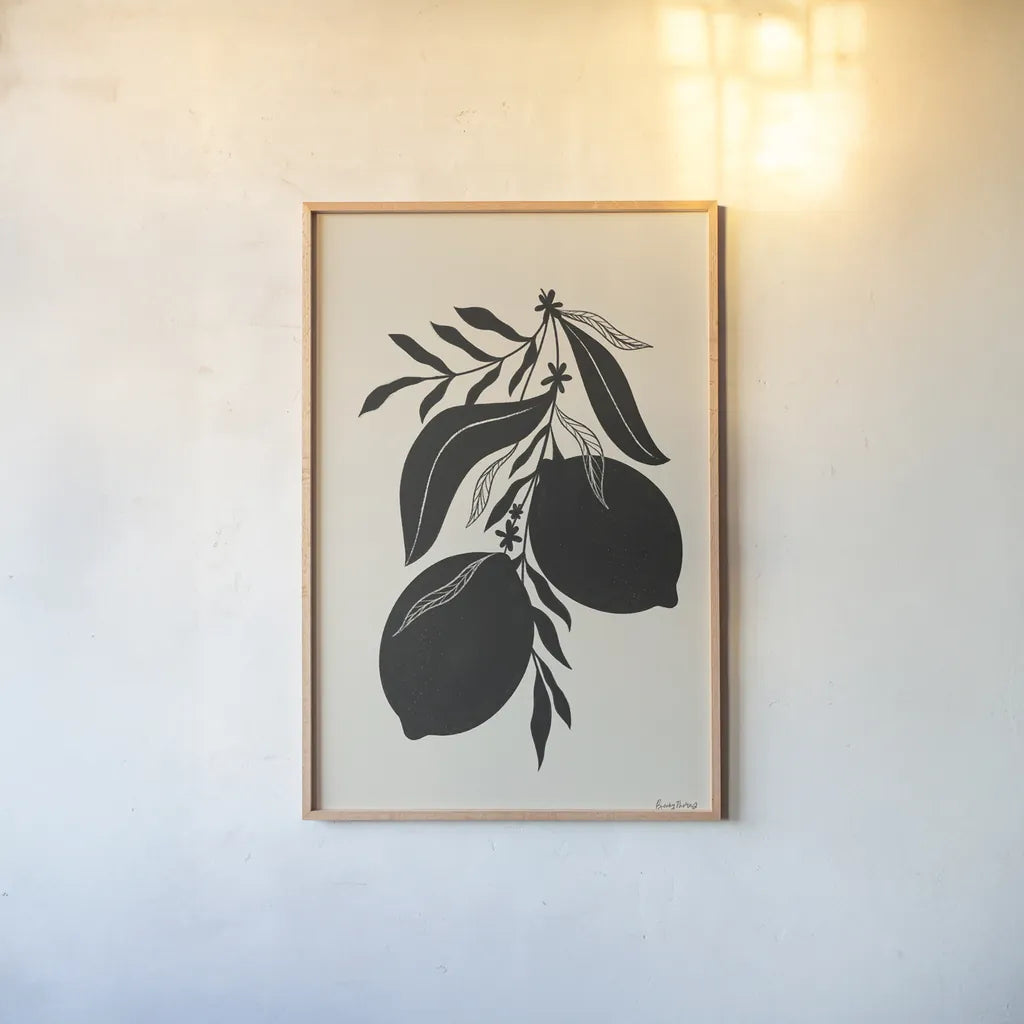 Lemon Silhouette II by Becky Thorns. shown as a paper print in a natural frame. Available as a archival giclee rolled canvas, fine art paper, or poster print. SKU 76144h.