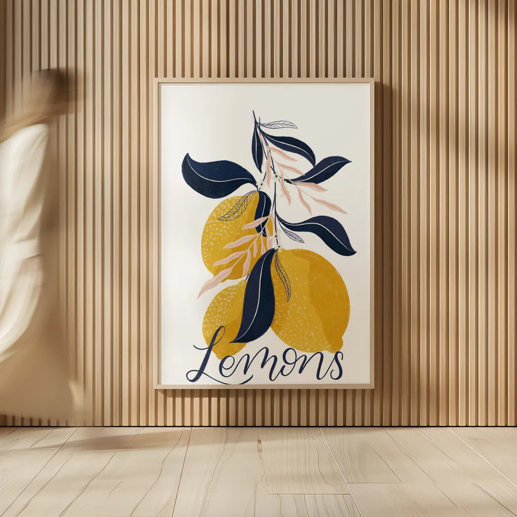 Lemons I by Becky Thorns. shown as over sized large wall art. Available as an archival giclee rolled canvas, fine art paper, or poster print. SKU 64702h.