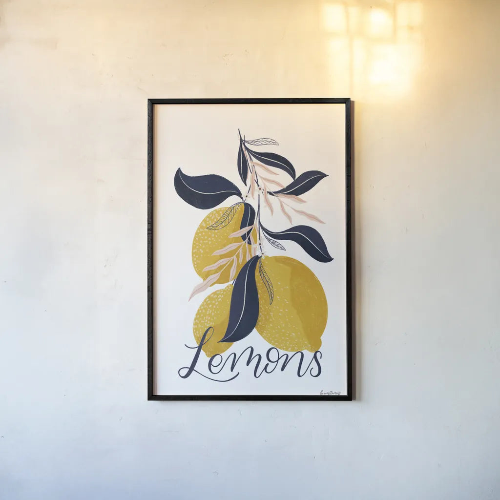 Lemons I by Becky Thorns. shown as a paper print in a black flame. Available as a archival giclee rolled canvas, fine art paper, or poster print. SKU 64702h.