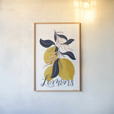 Lemons I by Becky Thorns. shown as a paper print in a natural frame. Available as a archival giclee rolled canvas, fine art paper, or poster print. SKU 64702h.