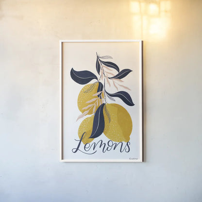 Lemons I by Becky Thorns. shown as a paper print in a white frame. Available as a archival giclee rolled canvas, fine art paper, or poster print. SKU 64702h.