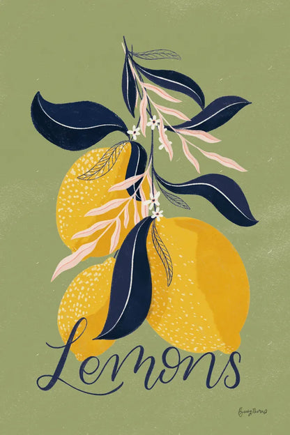 Lemons I Green by Becky Thorns. SKU 64704h. Archival Giclee Fine art print for wall decor.