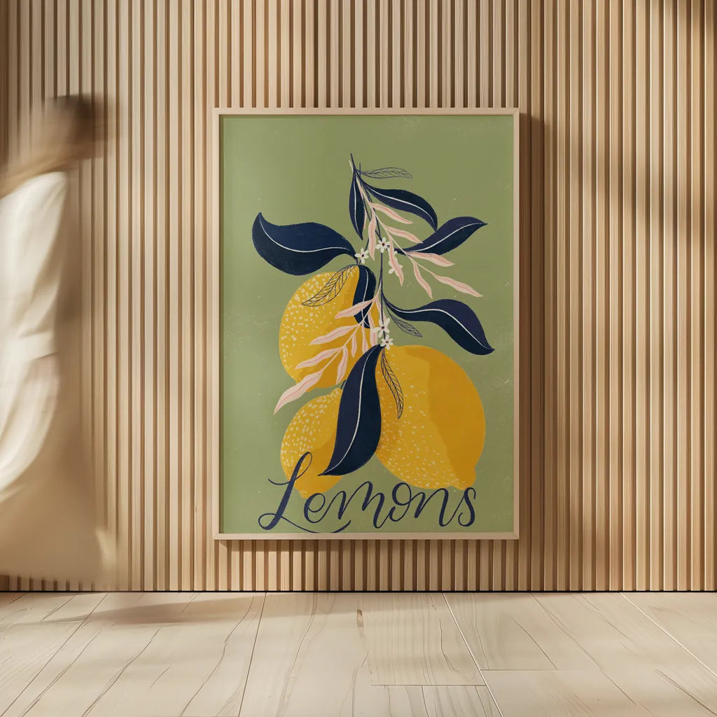 Lemons I Green by Becky Thorns. shown as over sized large wall art. Available as an archival giclee rolled canvas, fine art paper, or poster print. SKU 64704h.