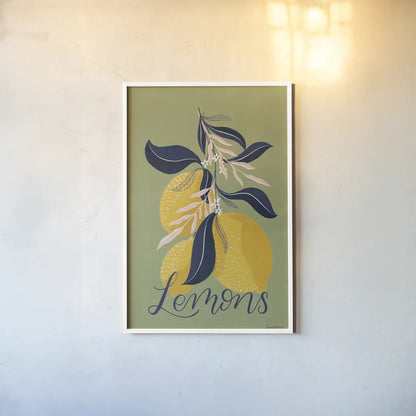 Lemons I Green by Becky Thorns. shown as a paper print in a white frame. Available as a archival giclee rolled canvas, fine art paper, or poster print. SKU 64704h.
