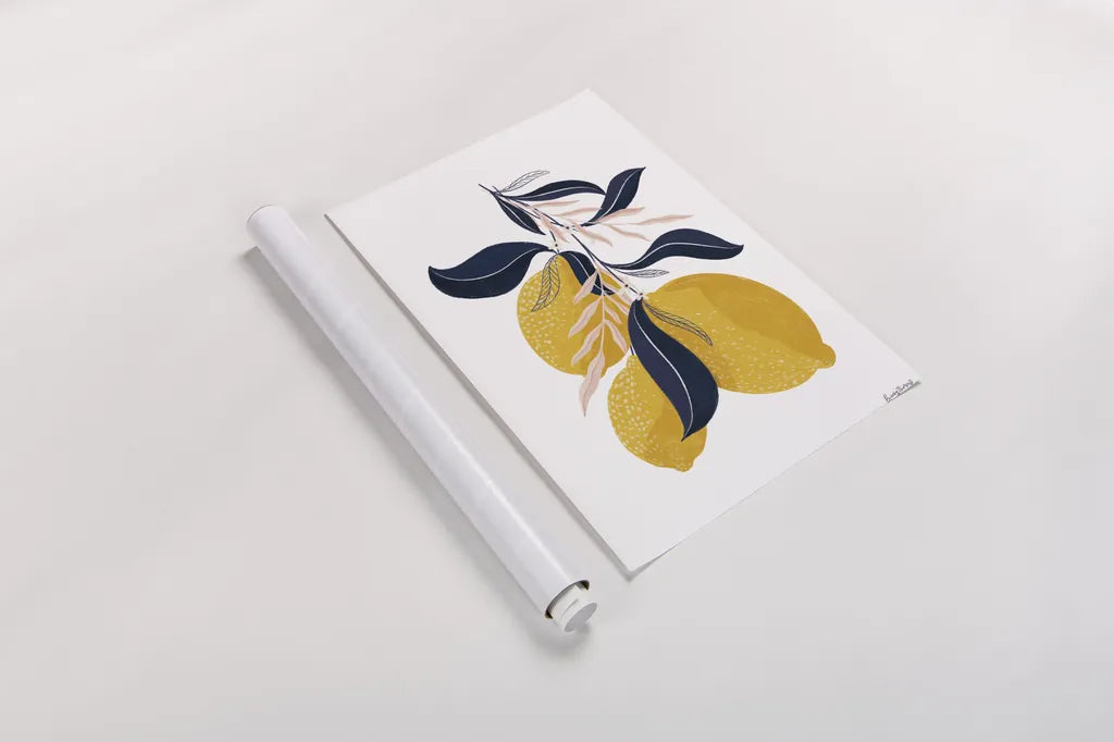 Lemons I No Words by Becky Thorns. shown as a rolled paper print. Available as archival giclee rolled canvas, fine art paper, or poster print. SKU 68757h.