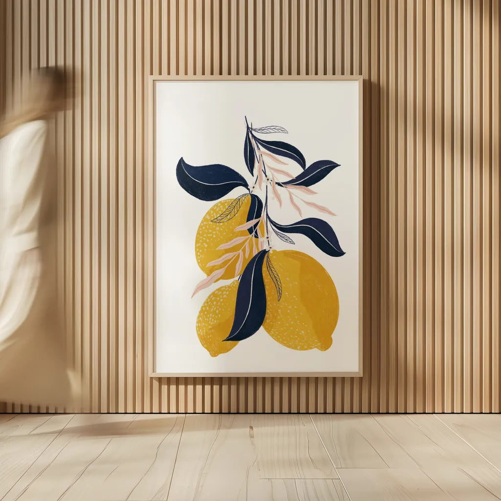 Lemons I No Words by Becky Thorns. shown as over sized large wall art. Available as an archival giclee rolled canvas, fine art paper, or poster print. SKU 68757h.