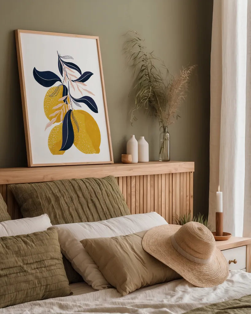 Lemons I No Words by Becky Thorns. shown as a paper print in a natural frame. Available as a archival giclee rolled canvas, fine art paper, or poster print. SKU 68757h.