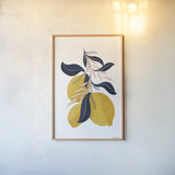 Lemons I No Words by Becky Thorns. shown as a paper print in a natural frame. Available as a archival giclee rolled canvas, fine art paper, or poster print. SKU 68757h.